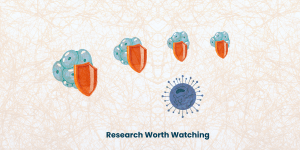Illustration of virus-based therapy, showing cancer cells hiding behind shields and a virus cell moving towards them.
